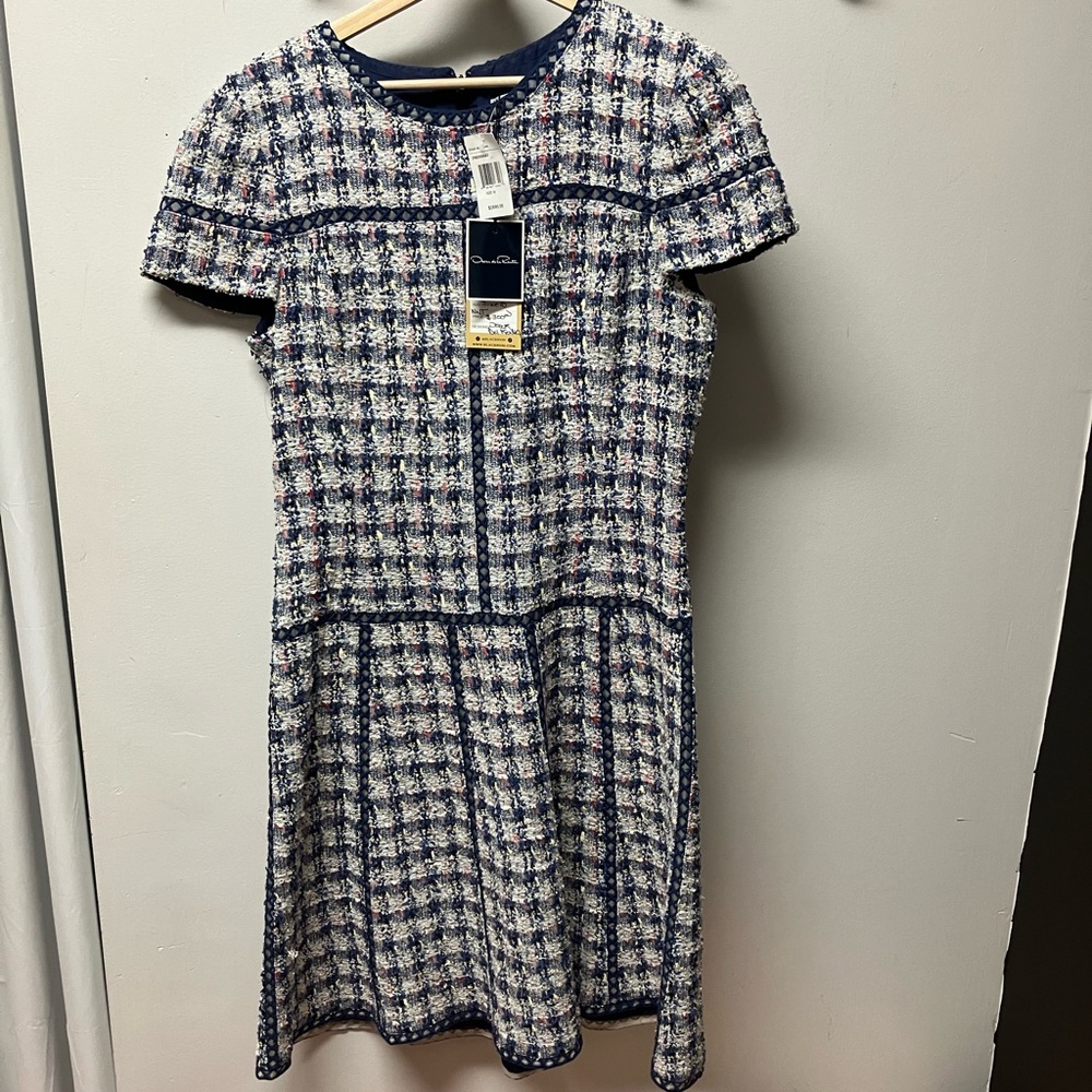 Oscar de la Renta Navy Blue/Multicolor Tweed Petal Sleeve Dress Sz. US 10 NWT